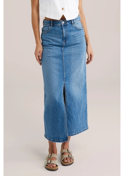 Açık Mavi Kadın Regular Fit Yüksek Bel Uzun Maxi Boy Denim Kot Etek MERRY-4092