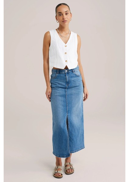 Açık Mavi Kadın Regular Fit Yüksek Bel Uzun Maxi Boy Denim Kot Etek MERRY-4092