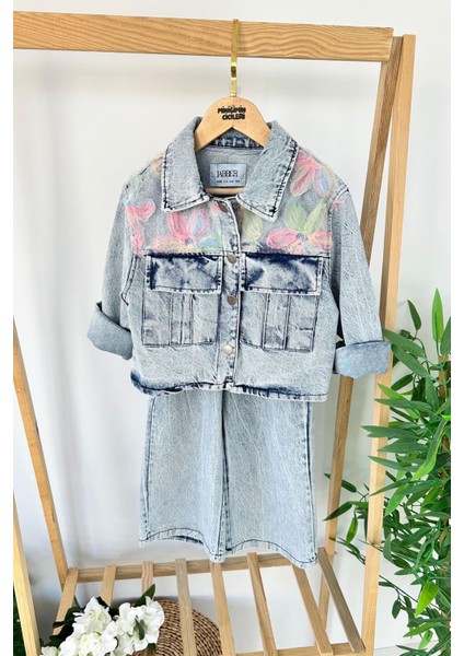 Zambak Tül Detaylı Kız Çocuk Kot Ceketli 2 li Takım - Açık Mavi