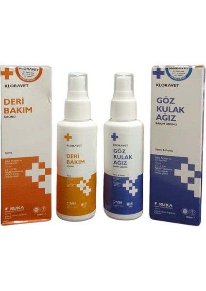 Kedi ve Köpekler Için Göz Kulak ve Ağız Temizleme Bakım Ürünü 100 ml + Kloravet Deri Bakım Ürünü 100 ml
