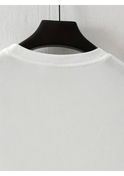 Baskılı Oversize Bisiklet Yaka T-Shirt - Beyaz