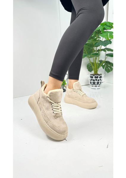 Günlük Kadın Bot Bağcıklı Yüksek Kalın Tabanlı Kürklü Oval Burunlu Süet Rahat Hafif Bootie 1701