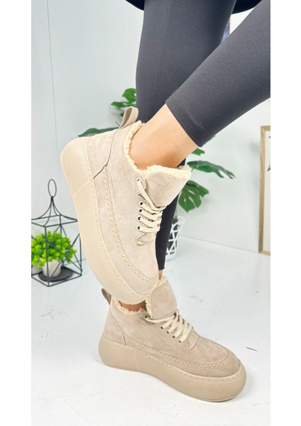 Günlük Kadın Bot Bağcıklı Yüksek Kalın Tabanlı Kürklü Oval Burunlu Süet Rahat Hafif Bootie 1701 fiyatları