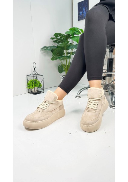 Günlük Kadın Bot Bağcıklı Yüksek Kalın Tabanlı Kürklü Oval Burunlu Süet Rahat Hafif Bootie 1701 modelleri