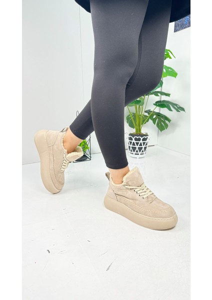 Günlük Kadın Bot Bağcıklı Yüksek Kalın Tabanlı Kürklü Oval Burunlu Süet Rahat Hafif Bootie 1701 fırsatları