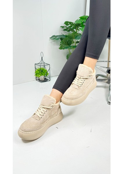 Günlük Kadın Bot Bağcıklı Yüksek Kalın Tabanlı Kürklü Oval Burunlu Süet Rahat Hafif Bootie 1701 indirimleri