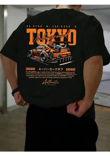 Baskılı Oversize Bisiklet Yaka T-Shirt - Siyah
