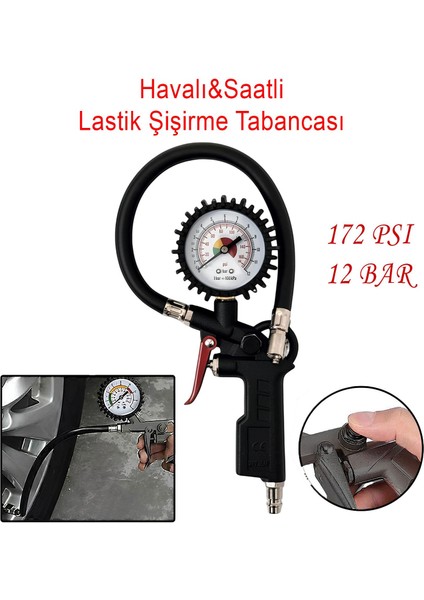 Lastik Şişirme Tabancası Havalı Basınç Göstergeli Saatli Jak Hortum ve Sibop Uyumlu Şambrel Tekerlek