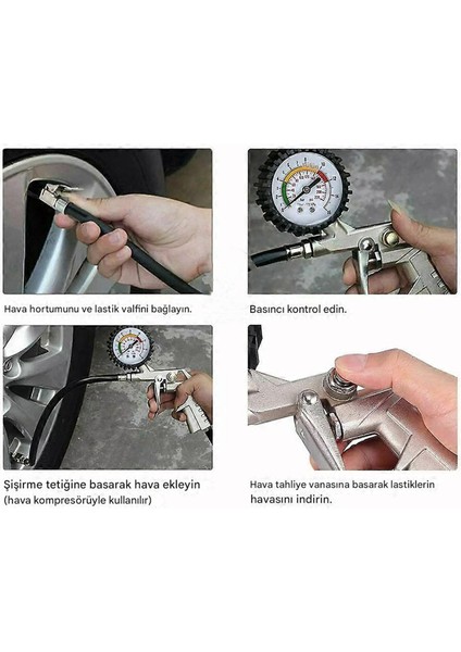 Lastik Şişirme Tabancası Havalı Basınç Göstergeli Saatli Jak Hortum ve Sibop Uyumlu Şambrel Tekerlek