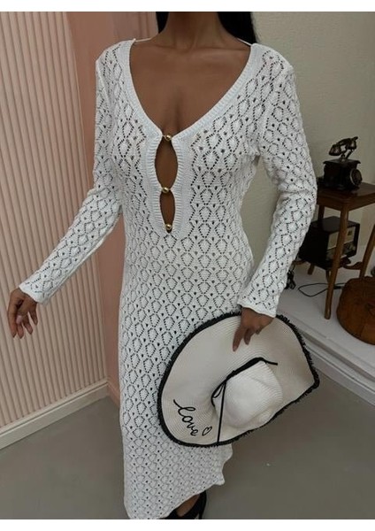 Göğüs Aksesuar ve Pencereli Triko Elbise 2852