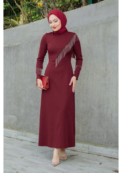 Lienna Zincir Aksesuarlı Özel Gün Elbise-Bordo