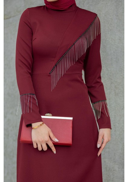 Lienna Zincir Aksesuarlı Özel Gün Elbise-Bordo fiyatları