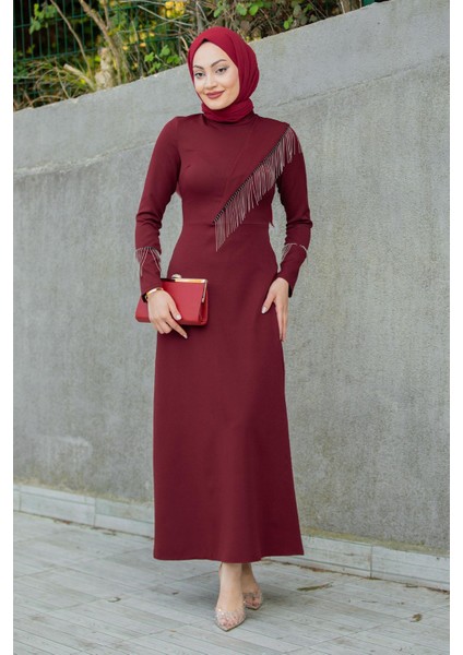 Lienna Zincir Aksesuarlı Özel Gün Elbise-Bordo modelleri