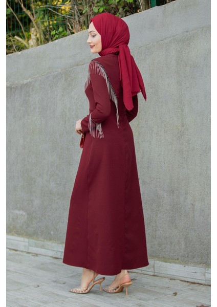 Lienna Zincir Aksesuarlı Özel Gün Elbise-Bordo fırsatları