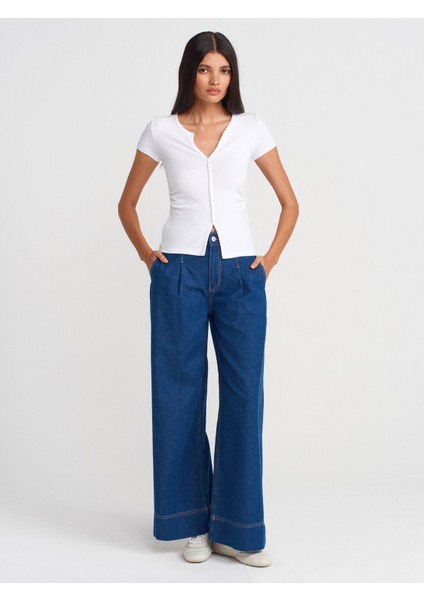 71984 Paçası Geniş Dikimli Pileli Denim Pantolon-Mavi