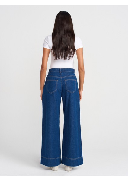 71984 Paçası Geniş Dikimli Pileli Denim Pantolon-Mavi fiyatları
