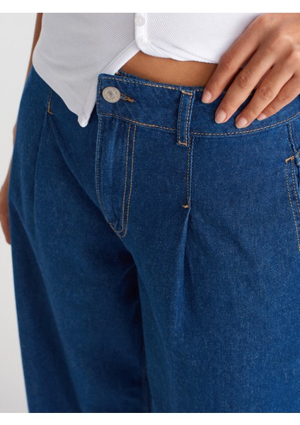 71984 Paçası Geniş Dikimli Pileli Denim Pantolon-Mavi modelleri