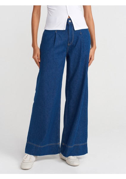 71984 Paçası Geniş Dikimli Pileli Denim Pantolon-Mavi fırsatları