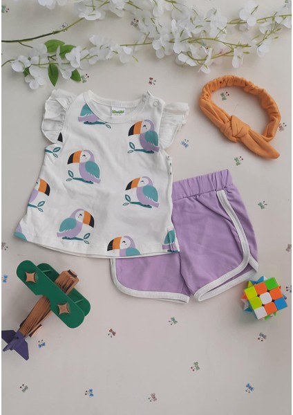Kız Bebek Yazılık Takım Şortlu Pamuk 3li Takım Bebek Alt Üst Bandlı Takım