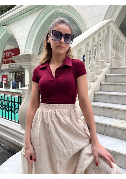 Polo Yaka Bordo Crop Bluz fiyatları