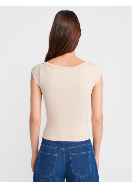 31809 Kayık Yaka Fitilli T-Shirt-Bej fiyatları