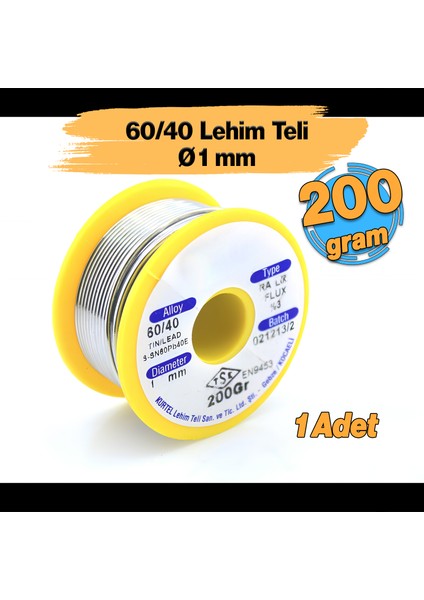 Lehim Makinası Teli 60/40 Kalay Kurşun Karışımlı Ra 26 Flux Oranı %3 Çapı 1 mm Ağırlık 200 gr