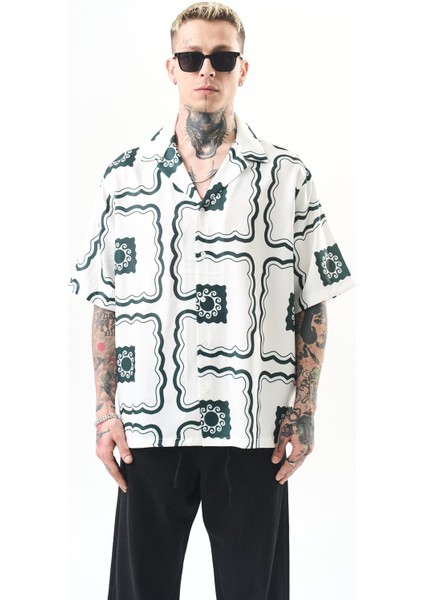 Erkek Paisley Pattern Baskılı Oversize Gömlek Beyaz
