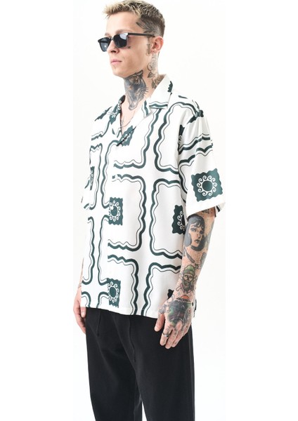Erkek Paisley Pattern Baskılı Oversize Gömlek Beyaz fiyatları