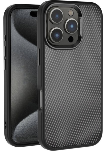 Apple iPhone 16 Pro Kılıf Karbon Fiber Görünümlü Parlak Kamera Çerçeveli Rntc Venus Kapak-Siyah
