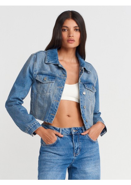 65366 Fleto Cepli Crop Denim Ceket-Mavi