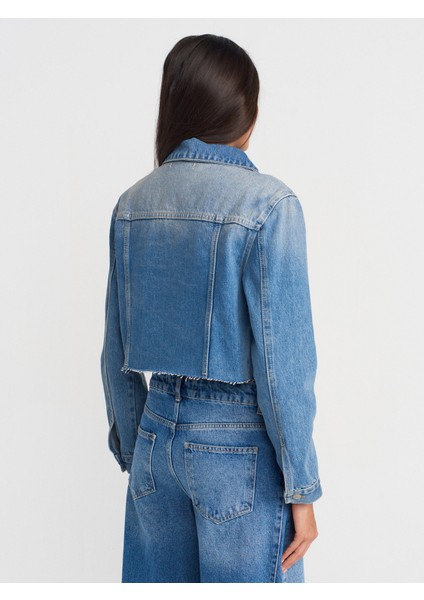 65366 Fleto Cepli Crop Denim Ceket-Mavi