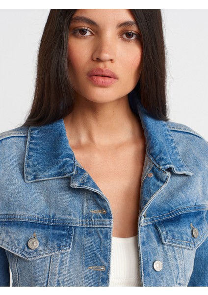 65366 Fleto Cepli Crop Denim Ceket-Mavi
