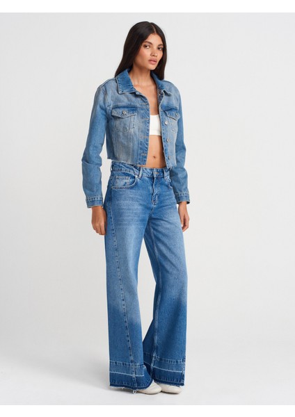 65366 Fleto Cepli Crop Denim Ceket-Mavi