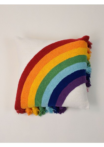 Özel Tasarım Gökkuşağı Desenli Yastık Kılıfı – Punch Işlemeli, Renkli Püsküllü, 40X40 cm