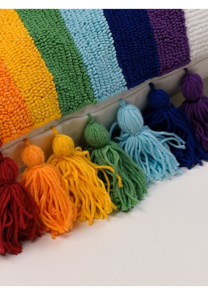 Özel Tasarım Gökkuşağı Desenli Yastık Kılıfı – Punch Işlemeli, Renkli Püsküllü, 40X40 cm fırsatları