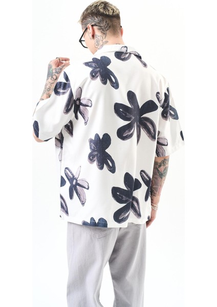 Erkek Flow Pattern Baskılı Oversize Gömlek Beyaz indirimleri