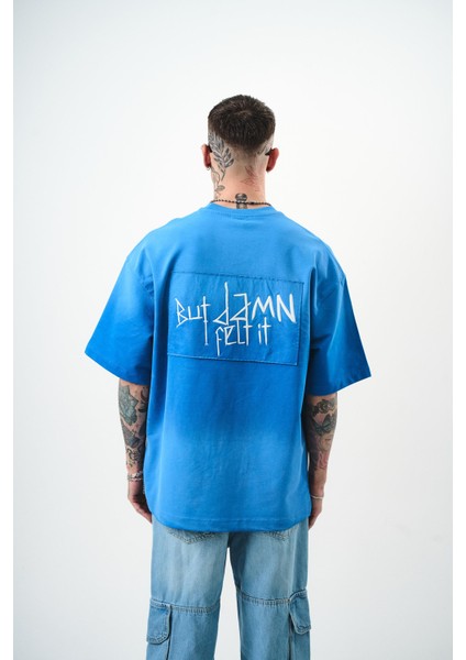Erkek But Damn Nakışlı Oversize T-Shirt Mavi
