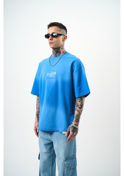Erkek But Damn Nakışlı Oversize T-Shirt Mavi modelleri