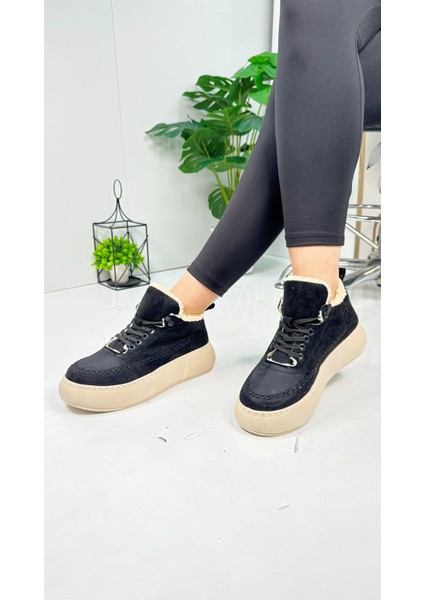 Günlük Kadın Bot Bağcıklı Yüksek Kalın Tabanlı Kürklü Oval Burunlu Süet Rahat Hafif Bootie 1701 fiyatları