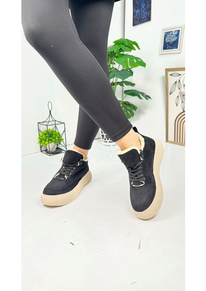 Günlük Kadın Bot Bağcıklı Yüksek Kalın Tabanlı Kürklü Oval Burunlu Süet Rahat Hafif Bootie 1701 fırsatları