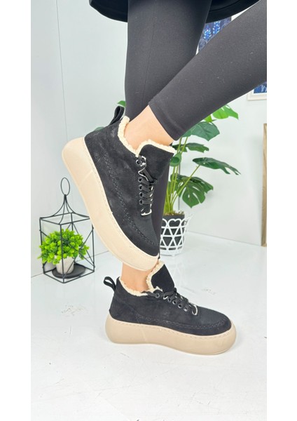 Günlük Kadın Bot Bağcıklı Yüksek Kalın Tabanlı Kürklü Oval Burunlu Süet Rahat Hafif Bootie 1701 indirimleri