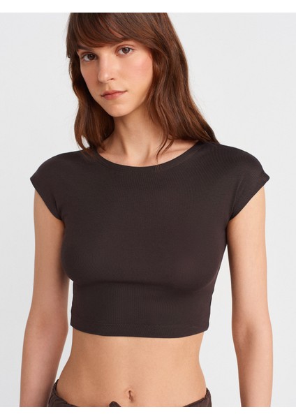 30528 Pamuk ve Modal Karışımlı Crop Top-Koyu Kahve