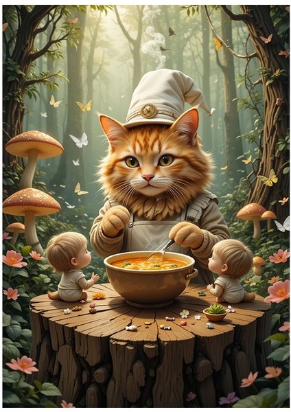 Ormanda Çorba Yapan Kedi Ahşap Tablo