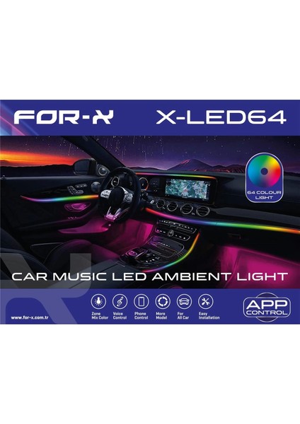 Araç Içi Ambiyans LED Aydınlatma - For-X X-LED64 64 Renkli Müziğe Duyarlı Rbg LED Ambians Aydınlatma