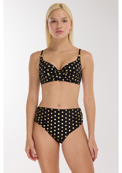 5605 Gold Puantiyeli Siyah Toparlayıcı Bikini Takımı