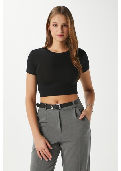 Kadın Deal Lux Touch Yumuşak Doku Crop Siyah Bluz