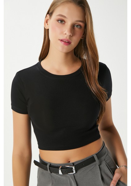 Kadın Deal Lux Touch Yumuşak Doku Crop Siyah Bluz