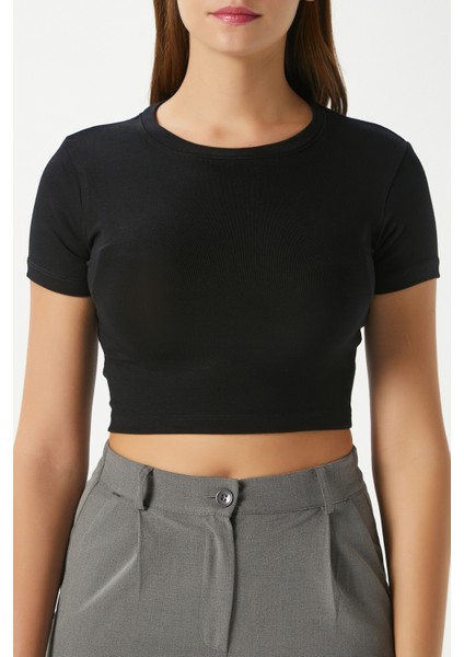 Kadın Deal Lux Touch Yumuşak Doku Crop Siyah Bluz