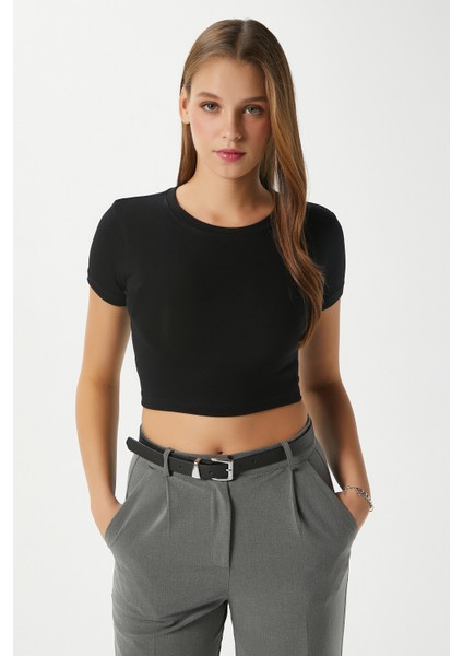 Kadın Deal Lux Touch Yumuşak Doku Crop Siyah Bluz