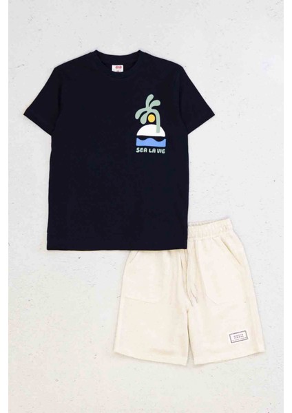 Sea La Vıe Baskılı Kısa Kollu Bisiklet Yaka Erkek Çocuk T-Shirt ve Cepli Şort Takımı